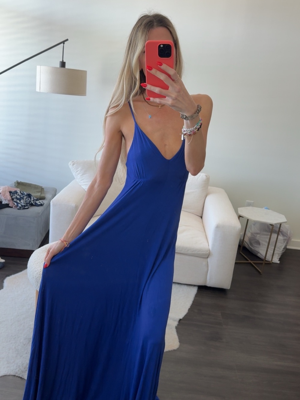 Womenโs Royal Blue Maxi Slip Dress - Sleeveless V-Neck